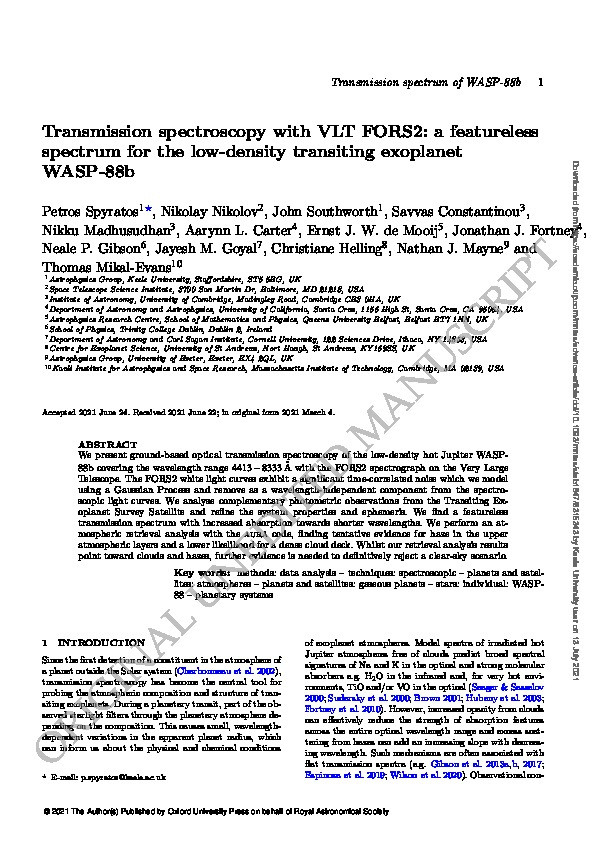 Transmission spectroscopy with VLT FORS2: a featureless spectrum for the low-density transiting exoplanet WASP-88b Thumbnail