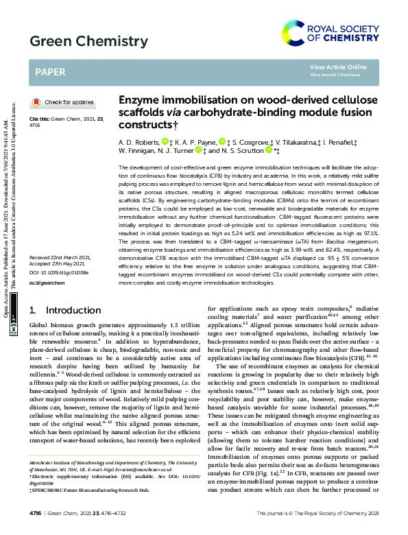 Enzyme immobilisation on wood-derived cellulose scaffolds via carbohydrate-binding module fusion constructs Thumbnail