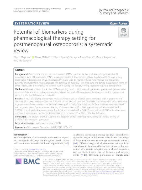 Potential of biomarkers during pharmacological therapy setting for postmenopausal osteoporosis: a systematic review. Thumbnail