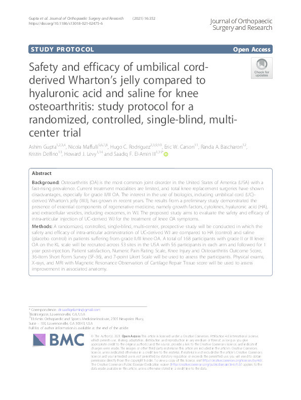 Safety and efficacy of umbilical cord-derived Wharton's jelly compared to hyaluronic acid and saline for knee osteoarthritis: study protocol for a randomized, controlled, single-blind, multi-center trial. Thumbnail