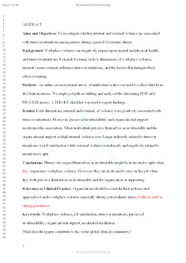 Workplace Violence and Turnover Intentions among Nurses: The Moderating Roles of Invulnerability and Organizational Support –A Cross-Sectional Study Thumbnail