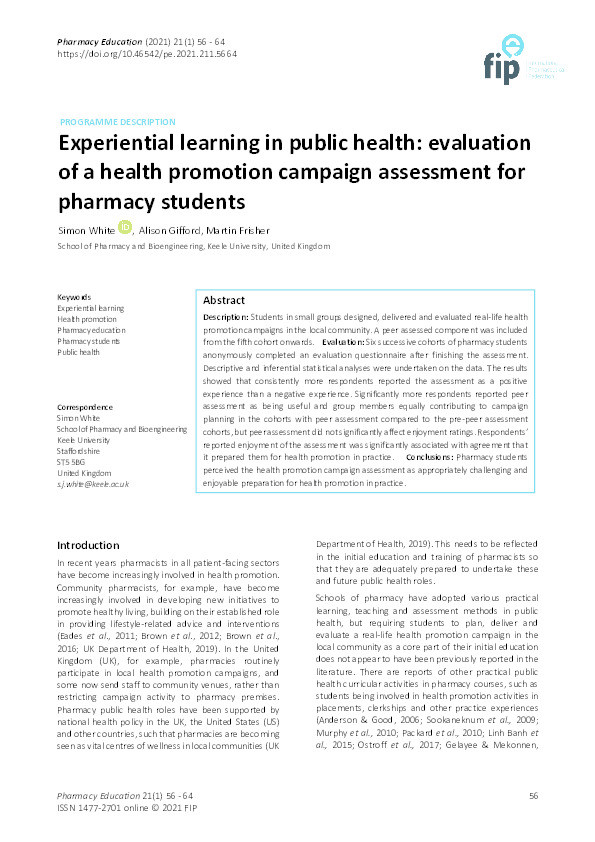 Experiential learning in public health: evaluation of a health promotion campaign assessment for pharmacy students Thumbnail