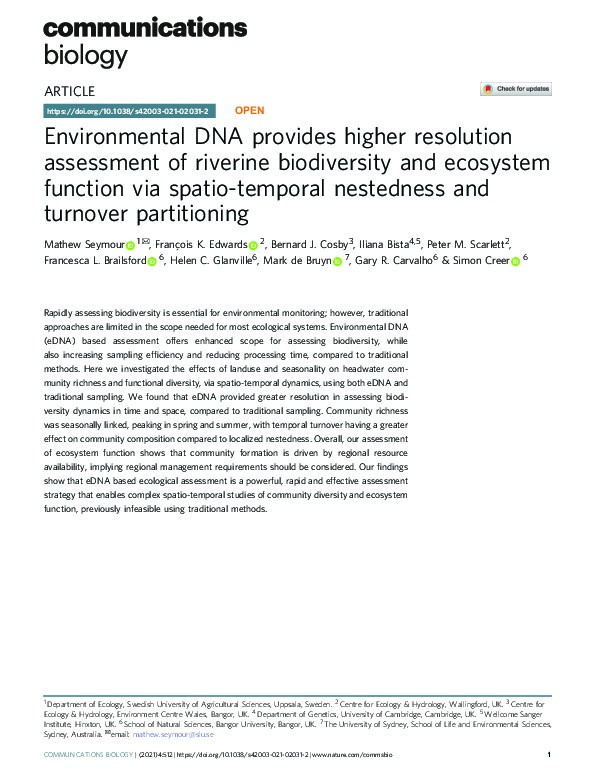Environmental DNA provides higher resolution assessment of riverine biodiversity and ecosystem function via spatio-temporal nestedness and turnover partitioning Thumbnail