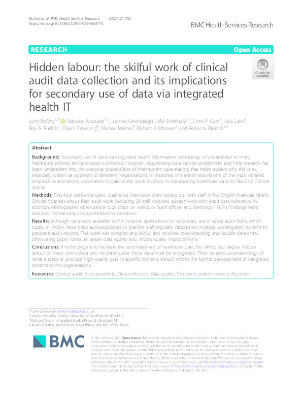Hidden labour: the skilful work of clinical audit data collection and its implications for secondary use of data via integrated health IT Thumbnail