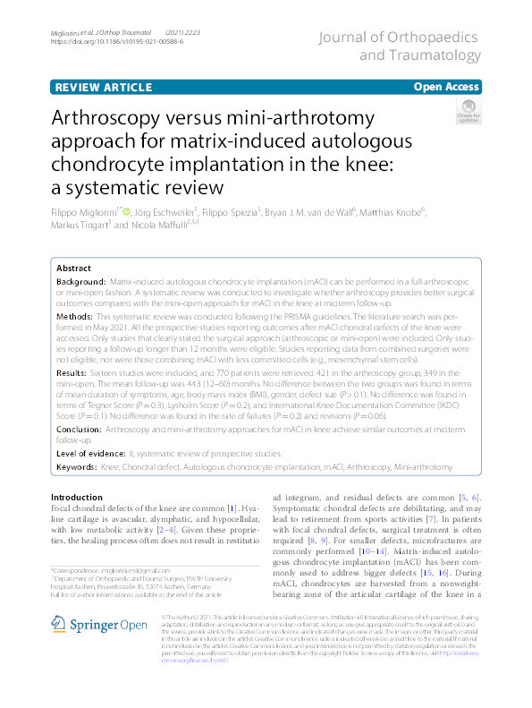 Arthroscopy versus mini-arthrotomy approach for matrix-induced autologous chondrocyte implantation in the knee: a systematic review. Thumbnail