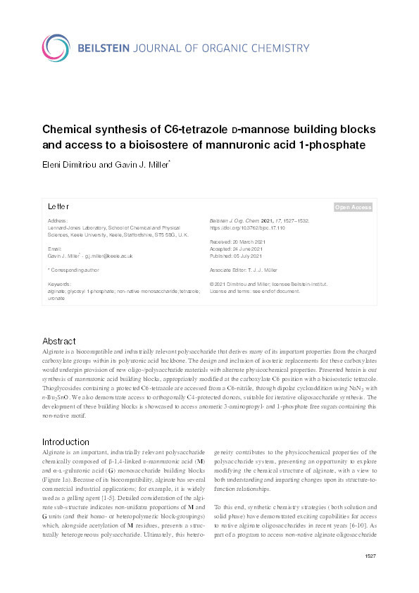 Chemical synthesis of C6-tetrazole ?-mannose building blocks and access to a bioisostere of mannuronic acid 1-phosphate Thumbnail