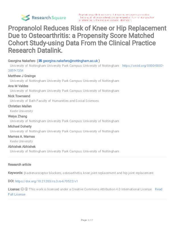Propranolol Reduces Risk of Knee or Hip Replacement Due to Osteoarthritis: a Propensity Score Matched Cohort Study-using Data From the Clinical Practice Research Datalink. Thumbnail