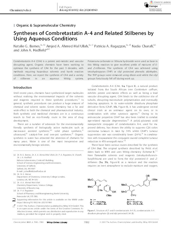 Syntheses of Combretastatin A-4 and Related Stilbenes by Using Aqueous Conditions Thumbnail