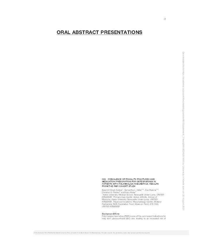 PREVALENCE OF FRAGILITY FRACTURES AND MEDICATION PRESCRIPTION FOR OSTEOPOROSIS IN PATIENTS WITH POLYMYALGIA RHEUMATICA: RESULTS FROM THE PMR COHORT STUDY Thumbnail