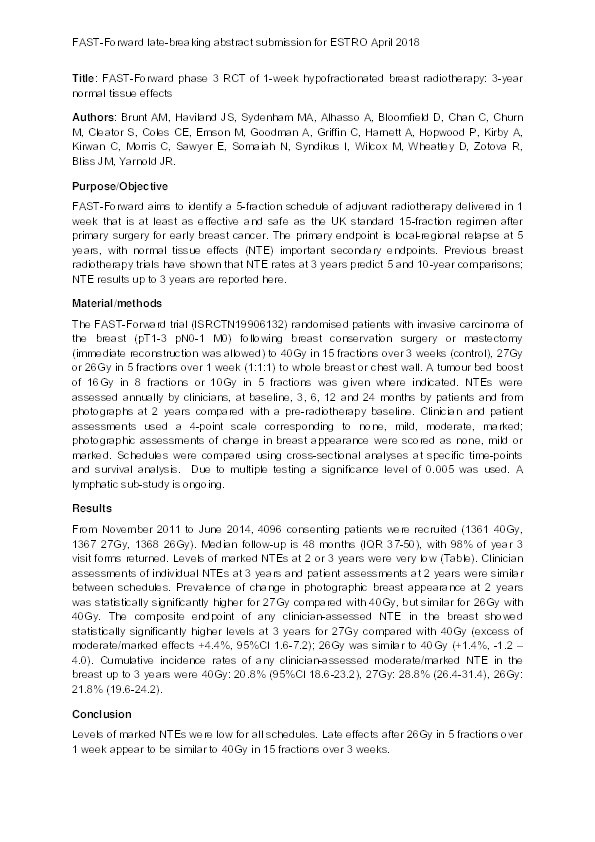 FAST-Forward phase 3 RCT of 1-week hypofractionated breast radiotherapy: 5-year results Thumbnail