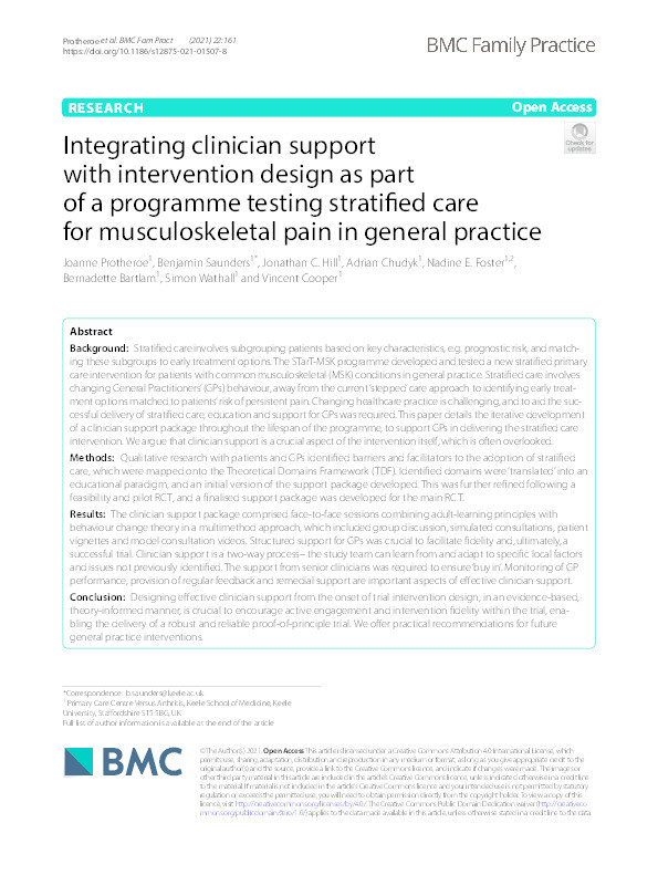 Integrating clinician support with intervention design as part of a programme testing stratified care for musculoskeletal pain in general practice Thumbnail