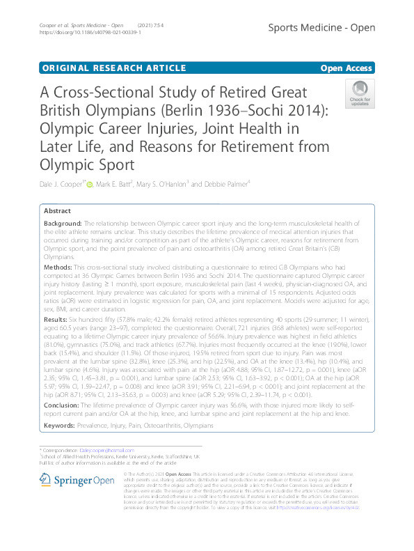 A Cross-Sectional Study of Retired Great British Olympians (Berlin 1936-Sochi 2014): Olympic Career Injuries, Joint Health in Later Life, and Reasons for Retirement from Olympic Sport Thumbnail