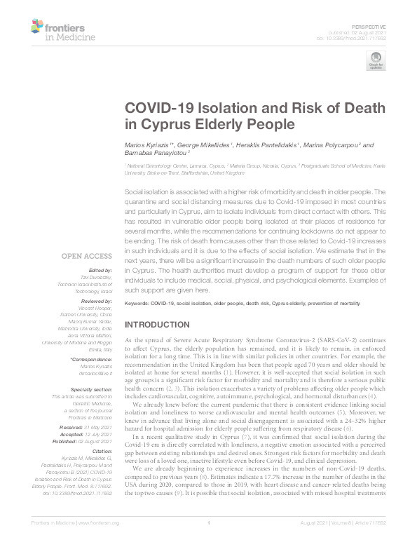 COVID-19 Isolation and Risk of Death in Cyprus Elderly People Thumbnail