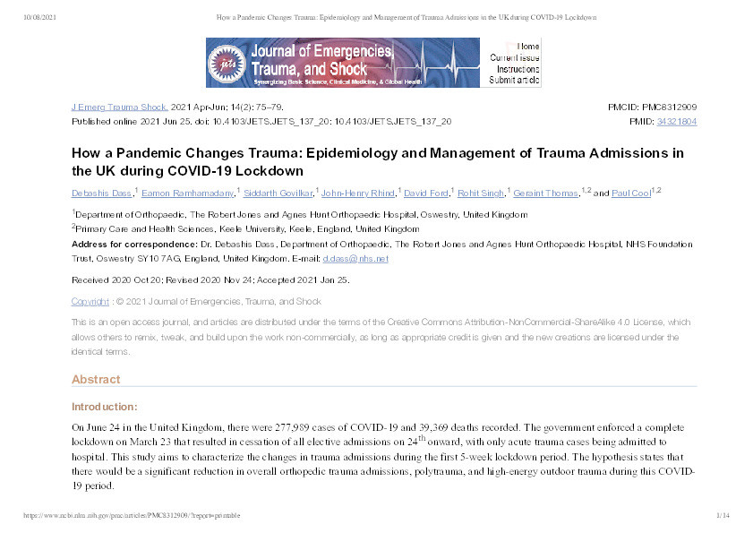 How a Pandemic Changes Trauma: Epidemiology and Management of Trauma Admissions in the UK during COVID-19 Lockdown. Thumbnail