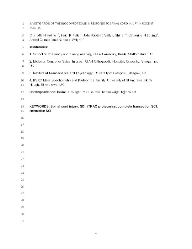 Investigation of the blood proteome in response to spinal cord injury in rodent models Thumbnail