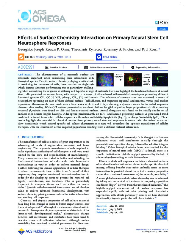 Effects of Surface Chemistry Interaction on Primary Neural Stem Cell Neurosphere Responses. Thumbnail