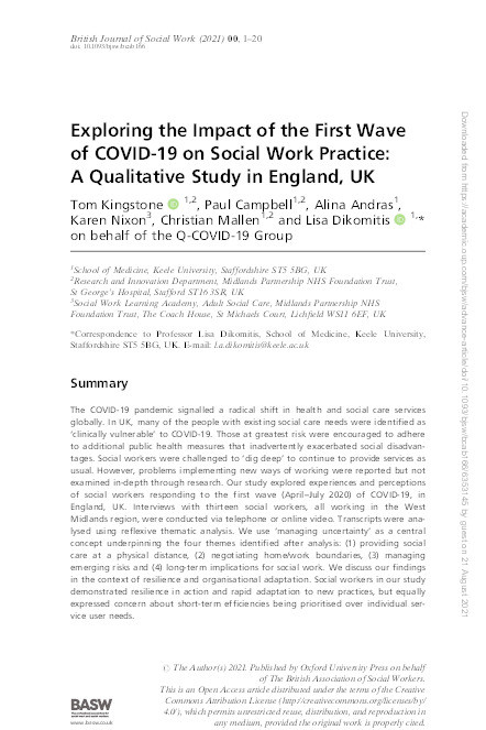 Exploring the Impact of the First Wave of COVID-19 on Social Work Practice: A Qualitative Study in England, UK Thumbnail