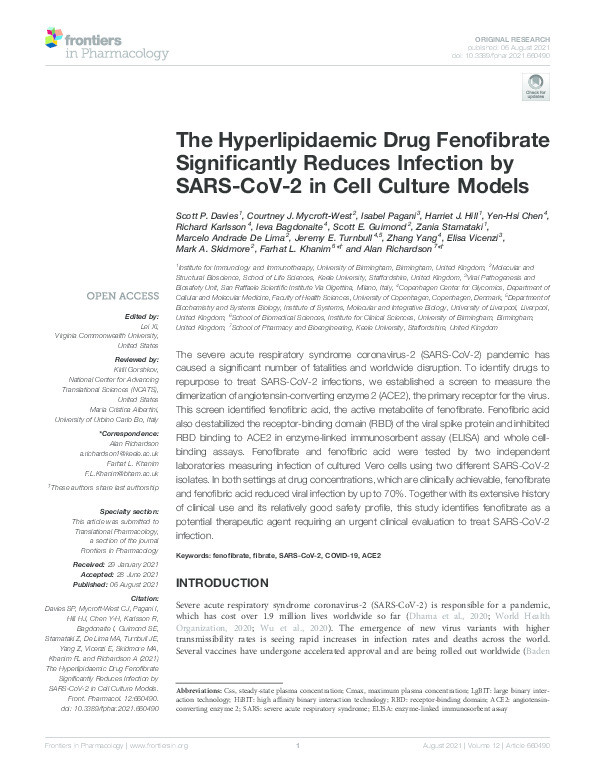 The Hyperlipidaemic Drug Fenofibrate Significantly Reduces Infection by SARS-CoV-2 in Cell Culture Models. Thumbnail