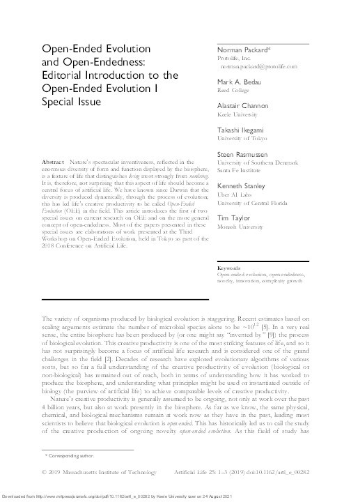 Open-Ended Evolution and Open-Endedness: Editorial Introduction to the Open-Ended Evolution I Special Issue. Thumbnail