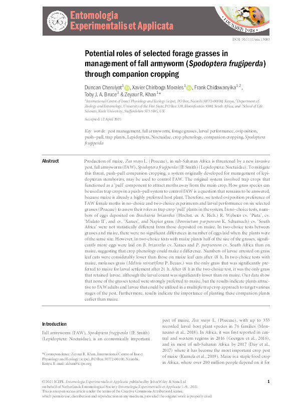 Potential roles of selected forage grasses in management of fall armyworm (Spodoptera frugiperda) through companion cropping Thumbnail