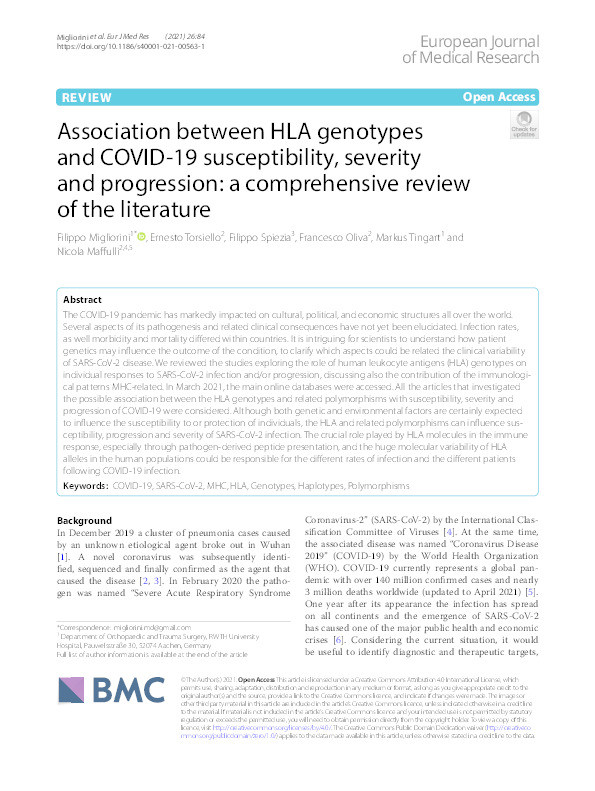 Association between HLA genotypes and COVID-19 susceptibility, severity and progression: a comprehensive review of the literature. Thumbnail
