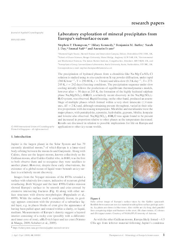 Laboratory exploration of mineral precipitates from Europa’s subsurface ocean Thumbnail