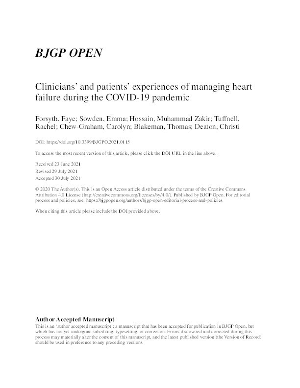 Clinicians' and patients' experiences of managing heart failure during the COVID-19 pandemic: a qualitative study Thumbnail
