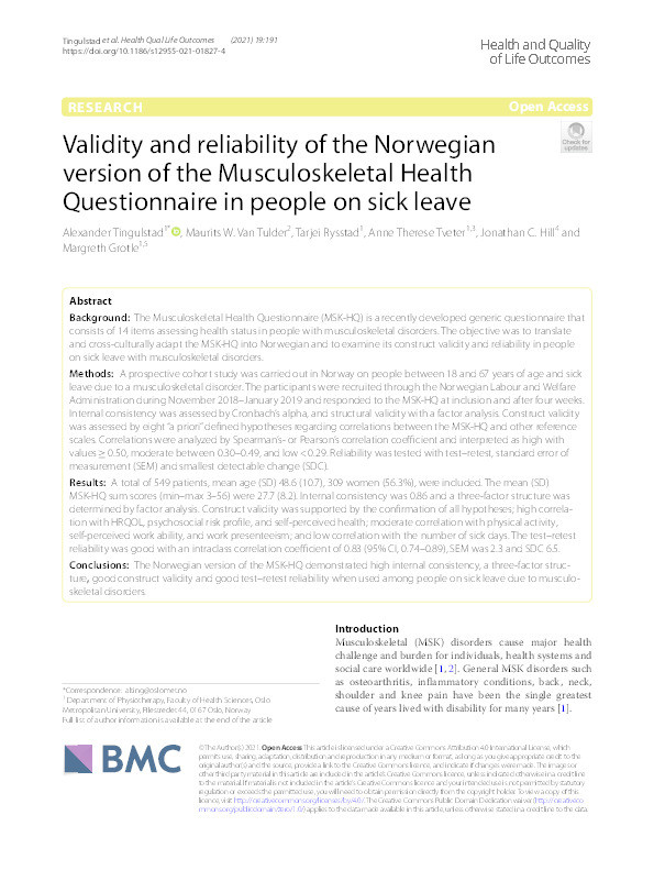 Validity and reliability of the Norwegian version of the Musculoskeletal Health Questionnaire in people on sick leave. Thumbnail