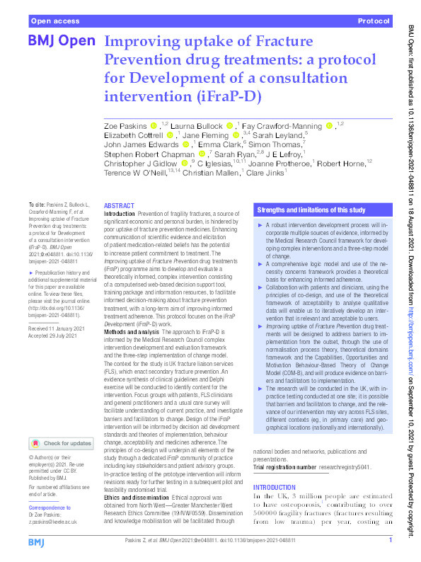 Improving uptake of Fracture Prevention drug treatments: a protocol for Development of a consultation intervention (iFraP-D). Thumbnail