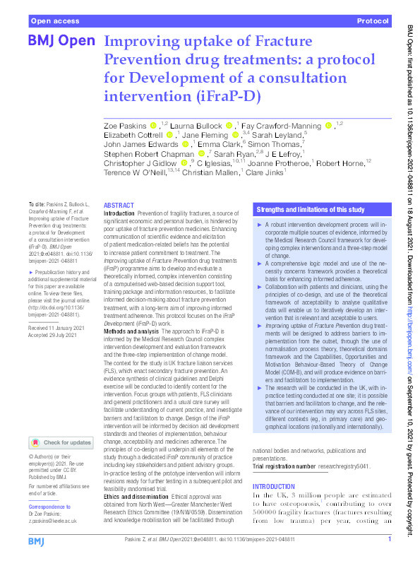 Improving uptake of Fracture Prevention drug treatments: a protocol for Development of a consultation intervention (iFraP-D) Thumbnail