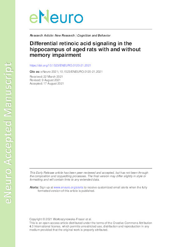 Differential retinoic acid signaling in the hippocampus of aged rats with and without memory impairment. Thumbnail