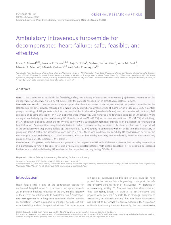 Ambulatory intravenous furosemide for decompensated heart failure: safe, feasible, and effective Thumbnail