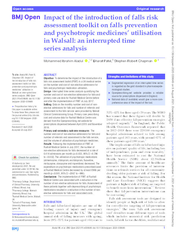 Impact of the introduction of falls risk assessment toolkit on falls prevention and psychotropic medicines' utilisation in Walsall: an interrupted time series analysis. Thumbnail