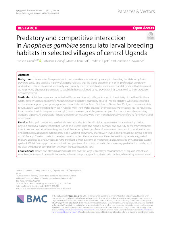 Predatory and competitive interaction in Anopheles gambiae sensu lato larval breeding habitats in selected villages of central Uganda. Thumbnail