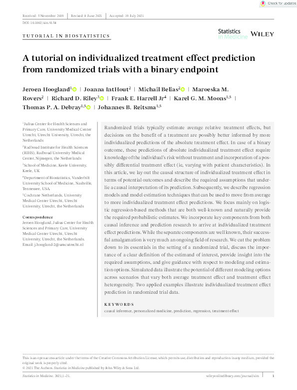 A tutorial on individualized treatment effect prediction from randomized trials with a binary endpoint Thumbnail