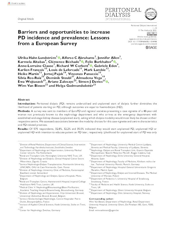 Barriers and opportunities to increase PD incidence and prevalence: Lessons from a European Survey. Thumbnail