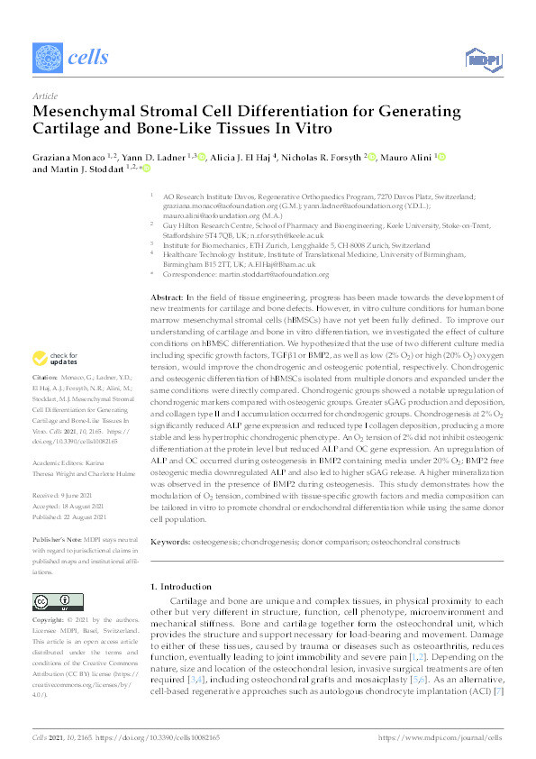 Mesenchymal Stromal Cell Differentiation for Generating Cartilage and Bone-Like Tissues In Vitro. Thumbnail