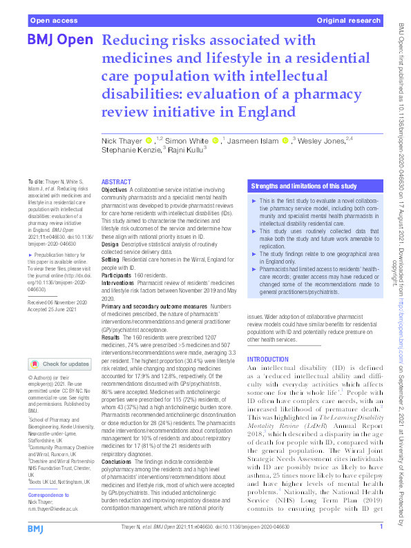 Reducing risks associated with medicines and lifestyle in a residential care population with intellectual disabilities: evaluation of a pharmacy review initiative in England. Thumbnail