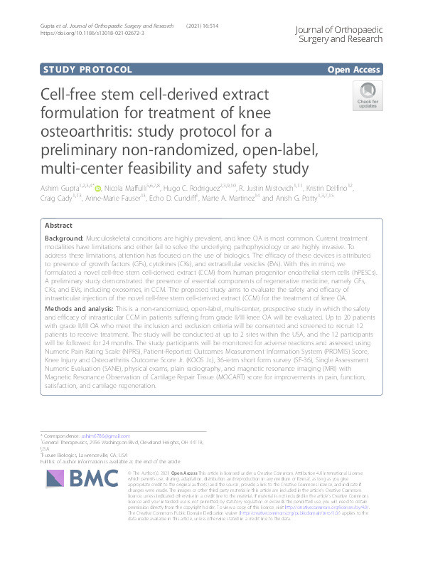 Cell-free stem cell-derived extract formulation for treatment of knee osteoarthritis: study protocol for a preliminary non-randomized, open-label, multi-center feasibility and safety study. Thumbnail