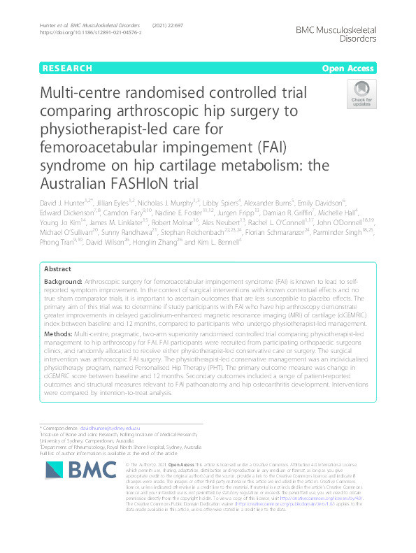 Multi-centre randomised controlled trial comparing arthroscopic hip surgery to physiotherapist-led care for femoroacetabular impingement (FAI) syndrome on hip cartilage metabolism: the Australian FASHIoN trial. Thumbnail