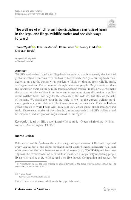 The welfare of wildlife: an interdisciplinary analysis of harm in the legal and illegal wildlife trades and possible ways forward. Thumbnail