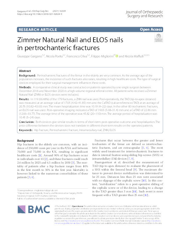 Zimmer Natural Nail and ELOS nails in pertrochanteric fractures. Thumbnail