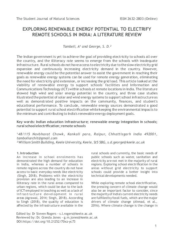 Exploring Renewable Energy Potential To Electrify Remote Schools In India: A Literature Review Thumbnail