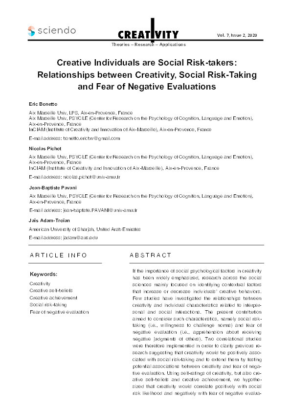 Creative Individuals are Social Risk-takers: Relationships between Creativity, Social Risk-Taking and Fear of Negative Evaluations Thumbnail