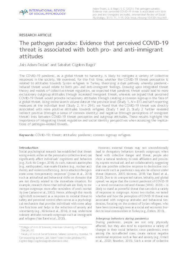 The pathogen paradox: Evidence that perceived COVID-19 threat is associated with both pro- and anti-immigrant attitudes Thumbnail