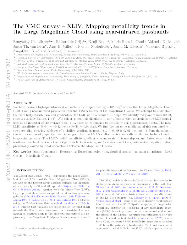 The VMC survey – XLIV: Mapping metallicity trends in the large magellanic cloud using near-infrared passbands Thumbnail