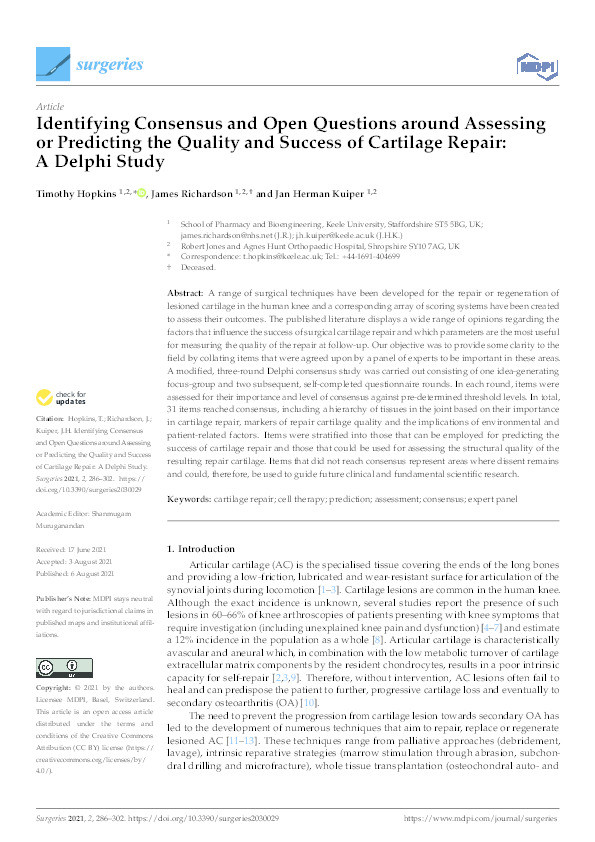 Identifying Consensus and Open Questions around Assessing or Predicting the Quality and Success of Cartilage Repair: A Delphi Study Thumbnail