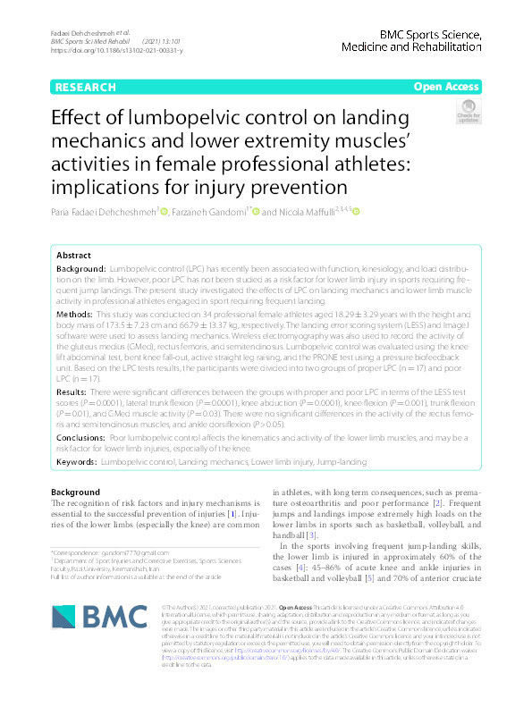 Effect of lumbopelvic control on landing mechanics and lower extremity muscles' activities in female professional athletes: implications for injury prevention. Thumbnail