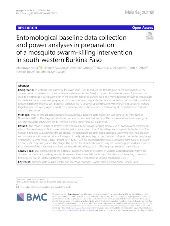 Entomological baseline data collection and power analyses in preparation of a mosquito swarm-killing intervention in south-western Burkina Faso. Thumbnail