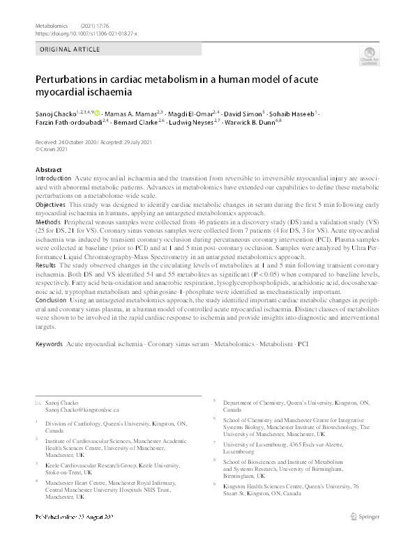 Perturbations in cardiac metabolism in a human model of acute myocardial ischaemia Thumbnail
